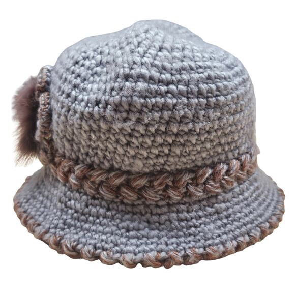 Thick knit lined Winter Hat Fur Rhinestone trim One Size Grey knit Brown trim - Picture 3 of 6